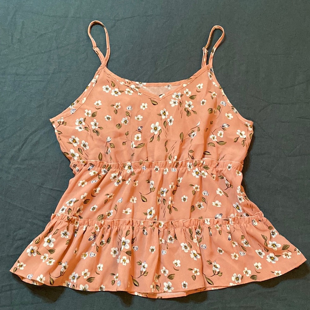 Floral Peach Pastel Pink Ruffle Tiered Tank Top Large